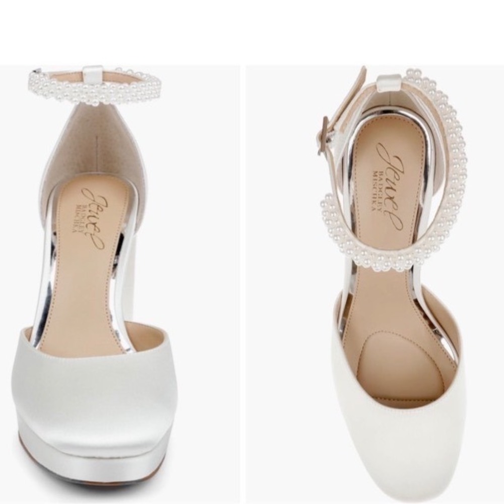Jewel Badgley Mischka Ivory Satin Pearl Ankle Strap Platform Block Heels 8.5